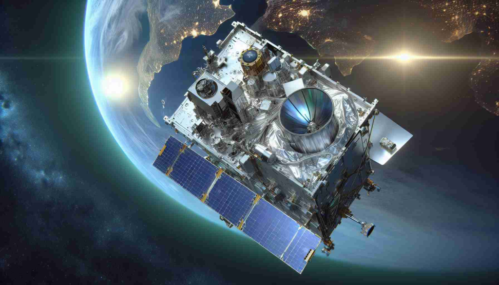 Una descripción detallada de una nueva misión satelital para monitorear la salud de nuestros océanos.  El satélite se sitúa sobre el fondo del espacio poco después del lanzamiento, reflejando la luz del sol y queda recubierto de un brillo plateado a medida que orbita.  Los colores azul y verde del mundo parecen difusos desde la distancia.  Se pueden ver equipos, sensores y cámaras estratégicamente ubicados en satélites, cuidadosamente diseñados para recopilar datos críticos sobre la salud y el bienestar de los océanos de nuestro mundo.