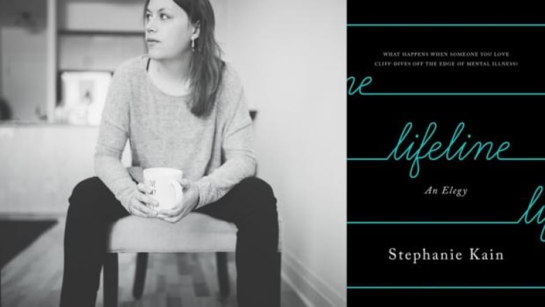 Portada del libro con una fotografía en blanco y negro de una mujer sentada en una silla sosteniendo una taza blanca, con el título escrito en forma de cruz sobre fondo negro.