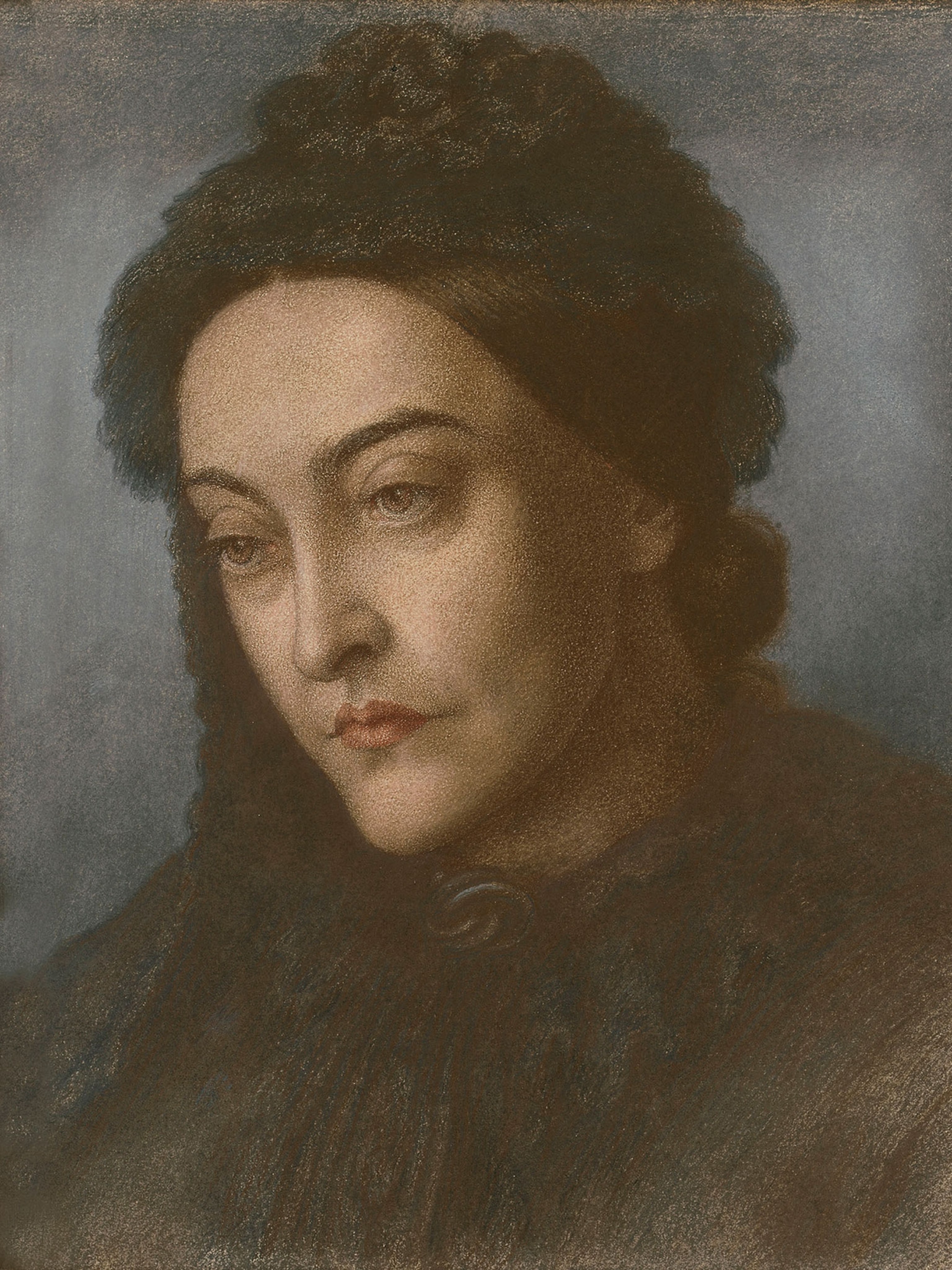 Retrato en color de una mujer de mediados del siglo XIX, con la cabeza y los hombros girados tres cuartos hacia la izquierda