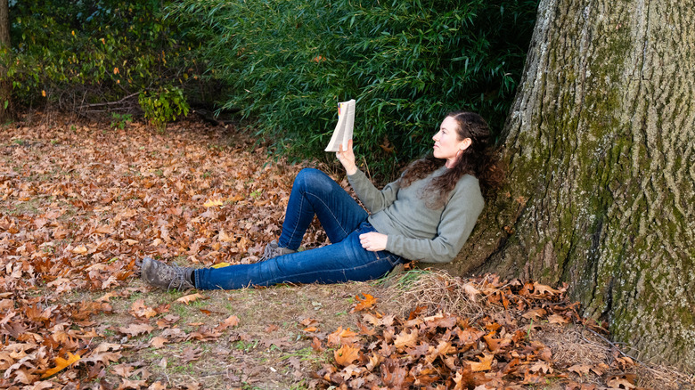 La mujer que lee libros fuera de la caída se va