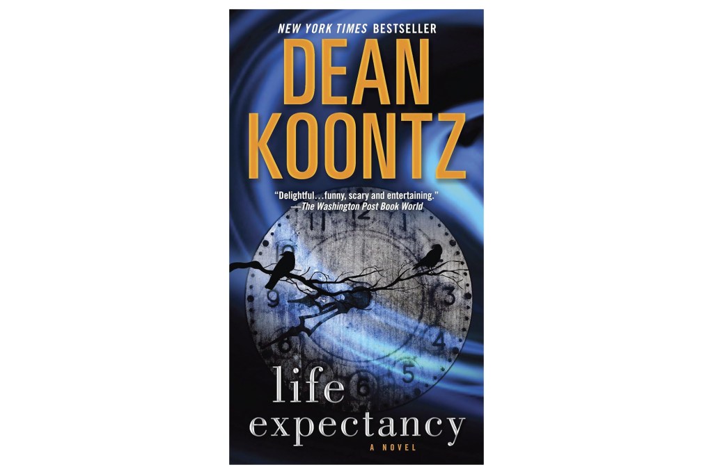 Portada del libro Dean Koontz "Esperanza de vida media" esfera de reloj con rama de árbol y dos pájaros.