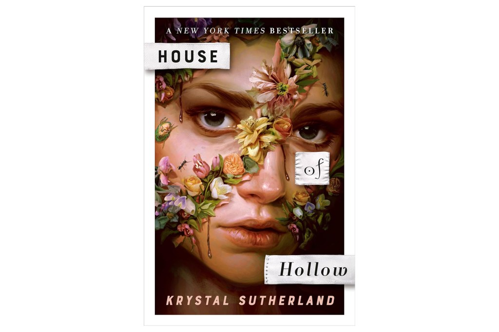 portada del libro "casa hueca" Crystal Sutherland muestra el rostro de una mujer decorado con flores e insectos, con lágrimas corriendo por sus mejillas.