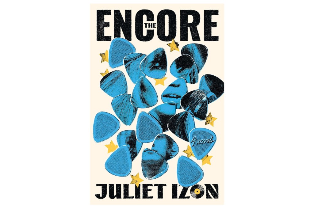 portada del libro "Bis" Juliet Izon, colección de guitarras azules, algunas con caretas, micrófonos y estrellas amarillas dispersas.