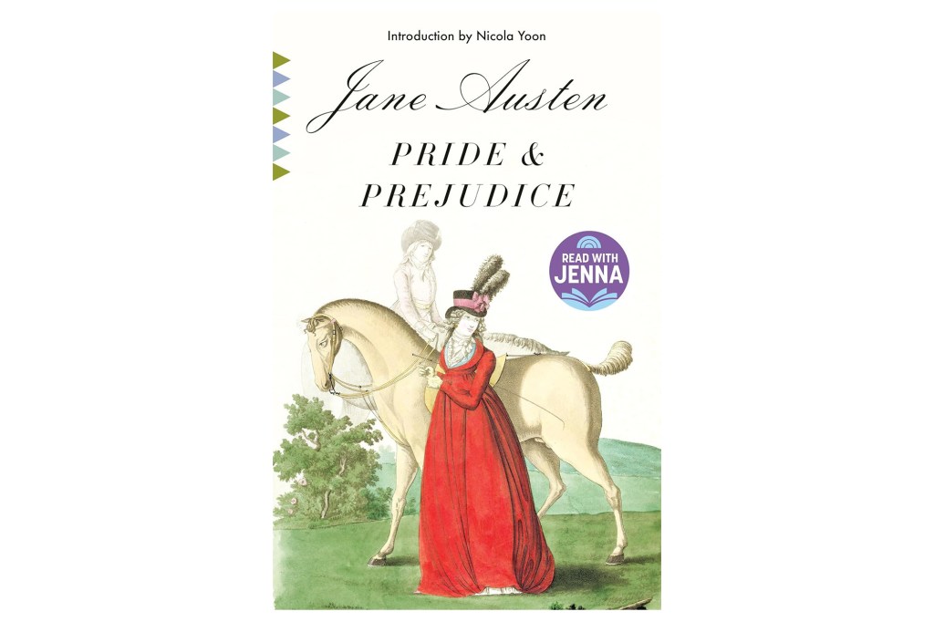 Portada del libro de Jane Austen "Orgullo y prejuicio," con una mujer con un vestido rojo al lado de un caballo y un jinete.