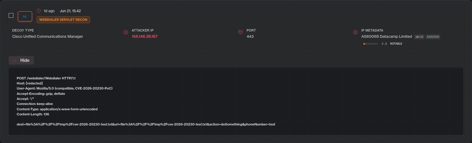 Explotación de honeypot Cisco CVE-2026-20230